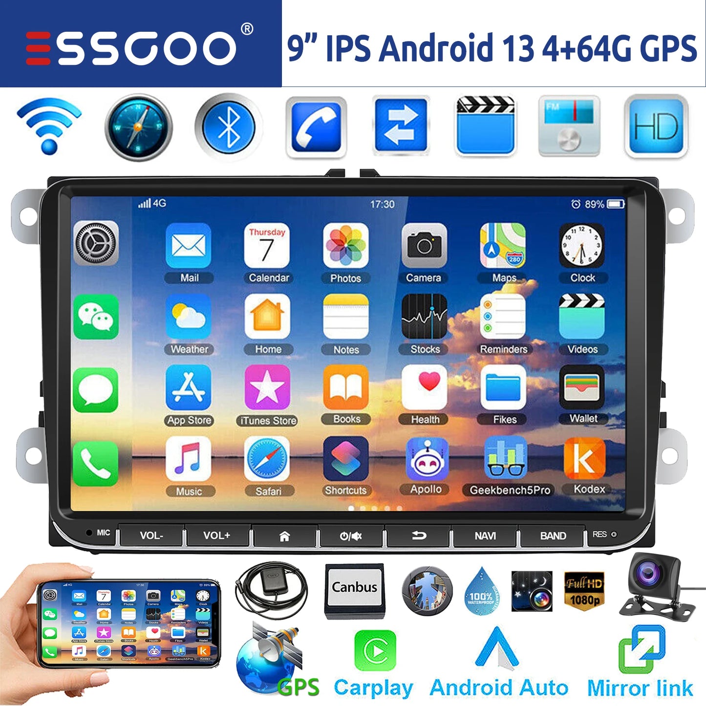 9" Android 14 4G+64G Wireless Carplay Car Stereo GPS 9