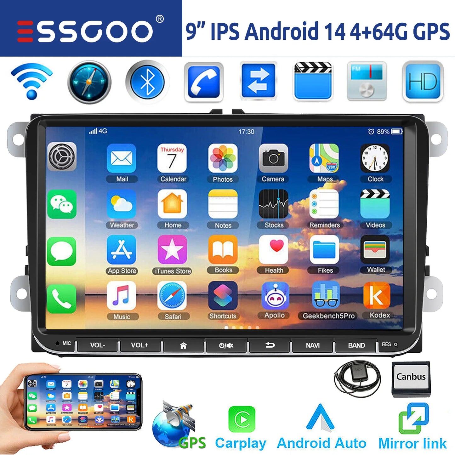 9" Android 14 4G+64G Wireless Carplay Car Stereo GPS 9