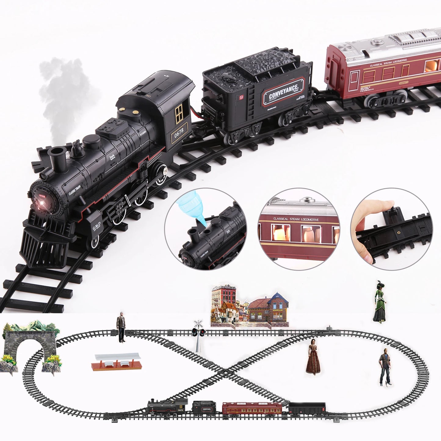 Classical Battery Operate Electric Railway Train Steam Locomotive Set