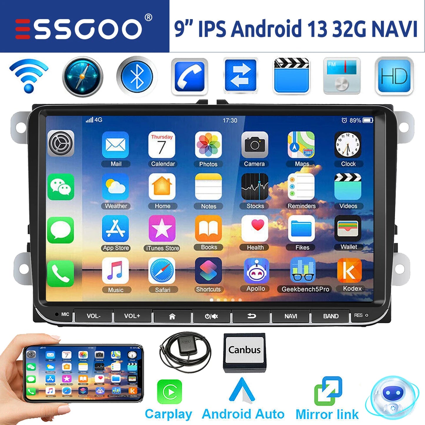 9" Android 14 4G+64G Wireless Carplay Car Stereo GPS 9