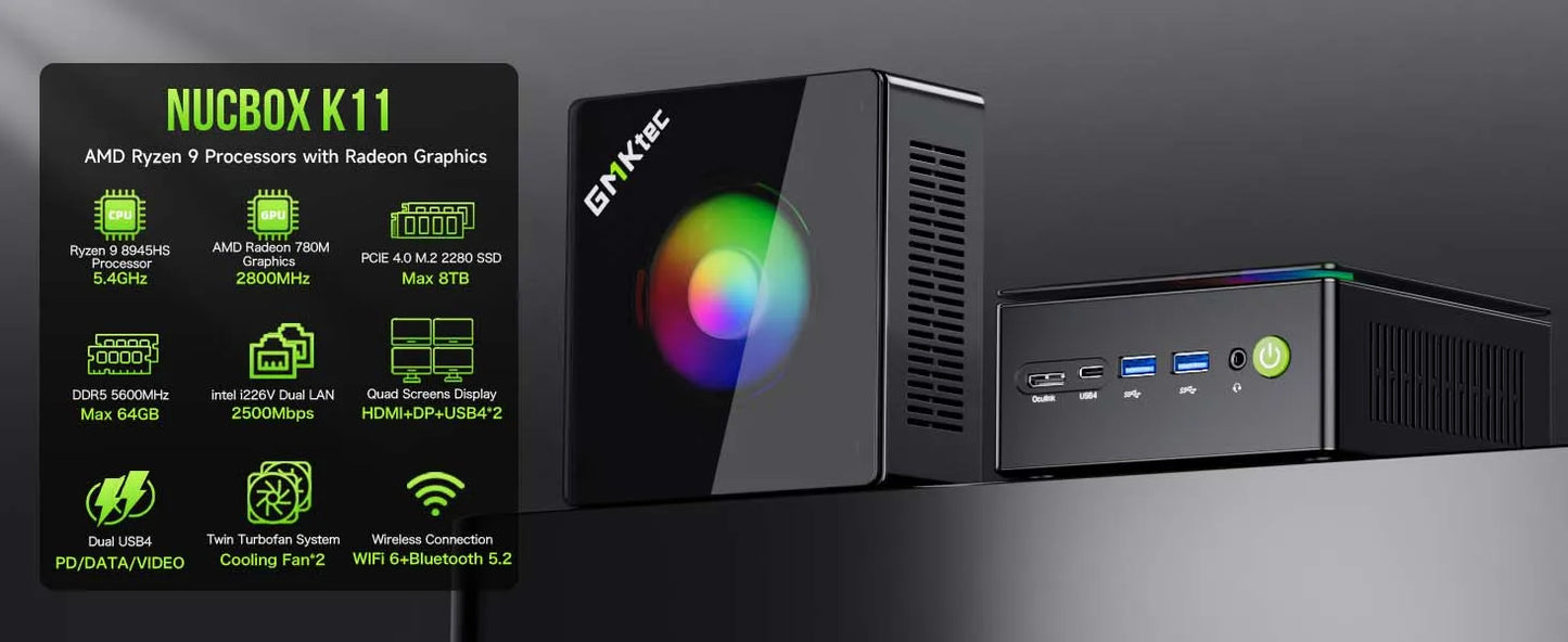 GMKtec Mini PC K11 K8 Plus M7 AMD Ryzen 9 8945HS 8845HS 6850H 2*USB4 2*DDR5 2*2.5G LAN Oculink Gaming Computer Windows 11 WiFi6