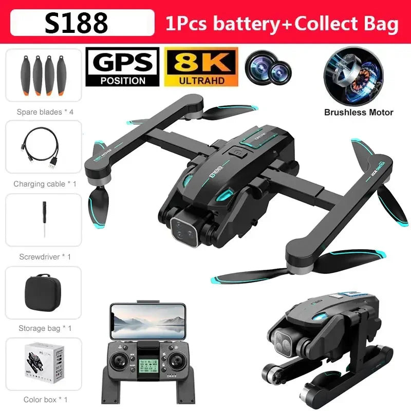 S188 GPS Drone 8K Professional HD Dual Camera 5G Wifi Obstacle Avoidance Brushless Foldable Quadcopter RC Distance 2KM Dron Toys
