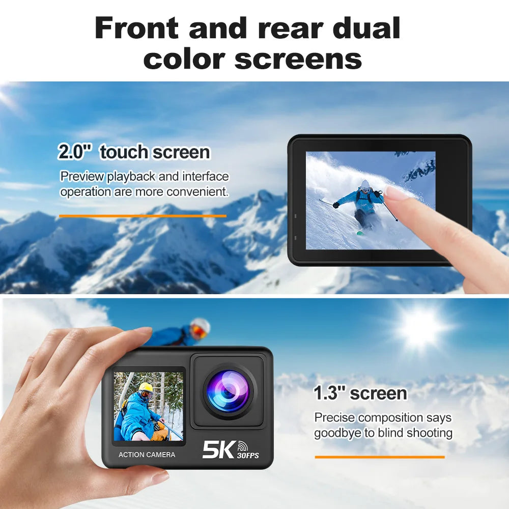 Action Camera 5K Wi-Fi Dual Screen 170D 2.0 Inch