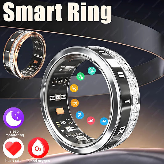 Diamond Inlaid Smart Ring Heart Rate Health Monitor, Blood Oxygen Waterproof Smart Tracker for Iphone Android