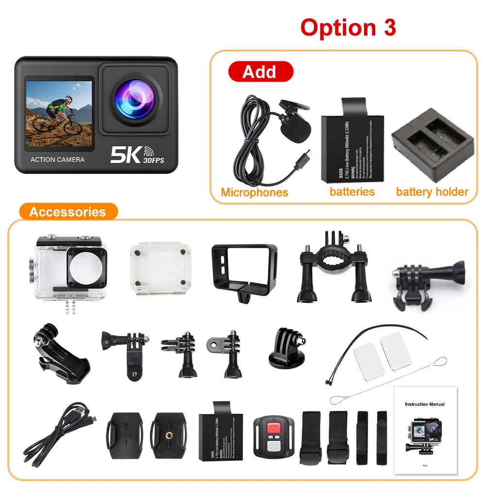 Action Camera 5K Wi-Fi Dual Screen 170D 2.0 Inch