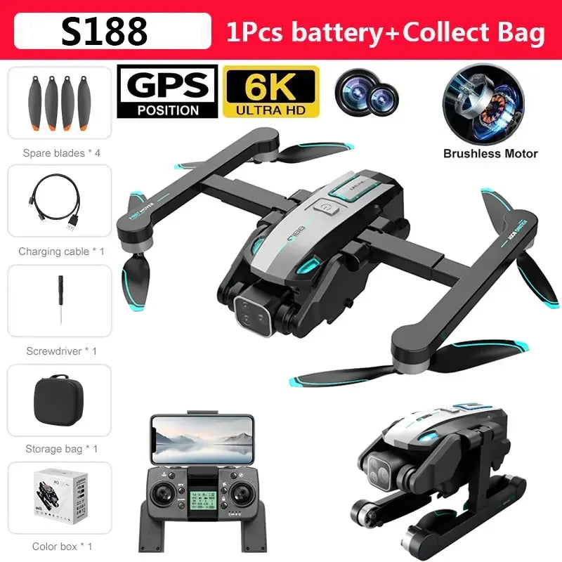 S188 GPS Drone 8K Professional HD Dual Camera 5G Wifi Obstacle Avoidance Brushless Foldable Quadcopter RC Distance 2KM Dron Toys