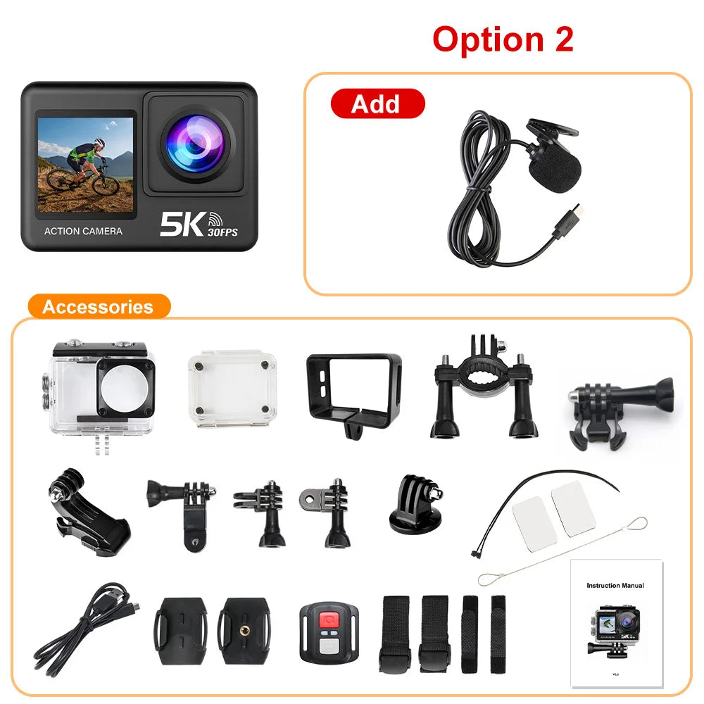 Action Camera 5K Wi-Fi Dual Screen 170D 2.0 Inch