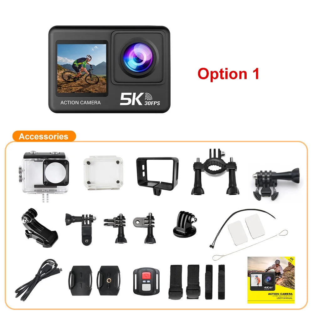 Action Camera 5K Wi-Fi Dual Screen 170D 2.0 Inch