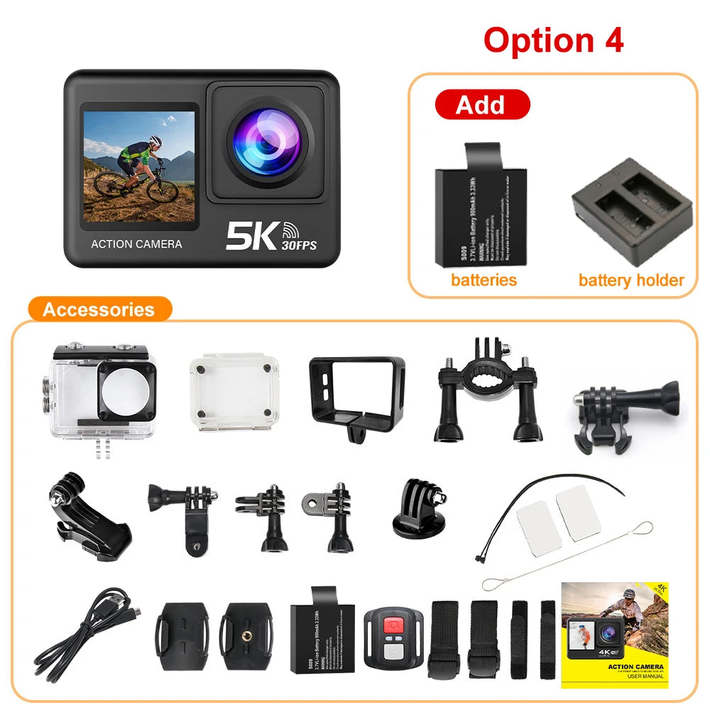 Action Camera 5K Wi-Fi Dual Screen 170D 2.0 Inch
