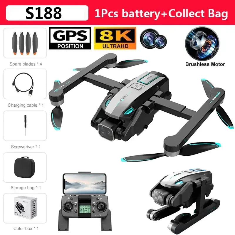 S188 GPS Drone 8K Professional HD Dual Camera 5G Wifi Obstacle Avoidance Brushless Foldable Quadcopter RC Distance 2KM Dron Toys