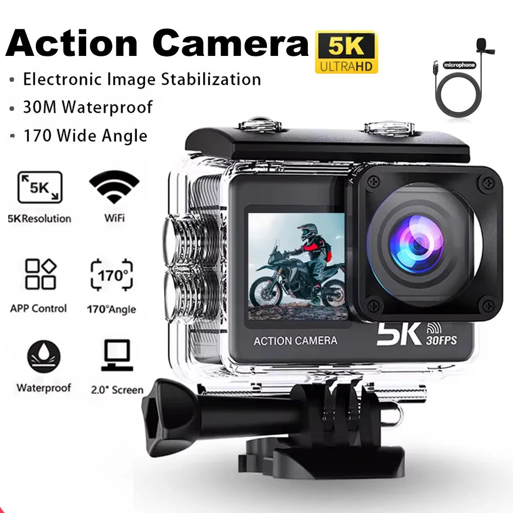 Action Camera 5K Wi-Fi Dual Screen 170D 2.0 Inch